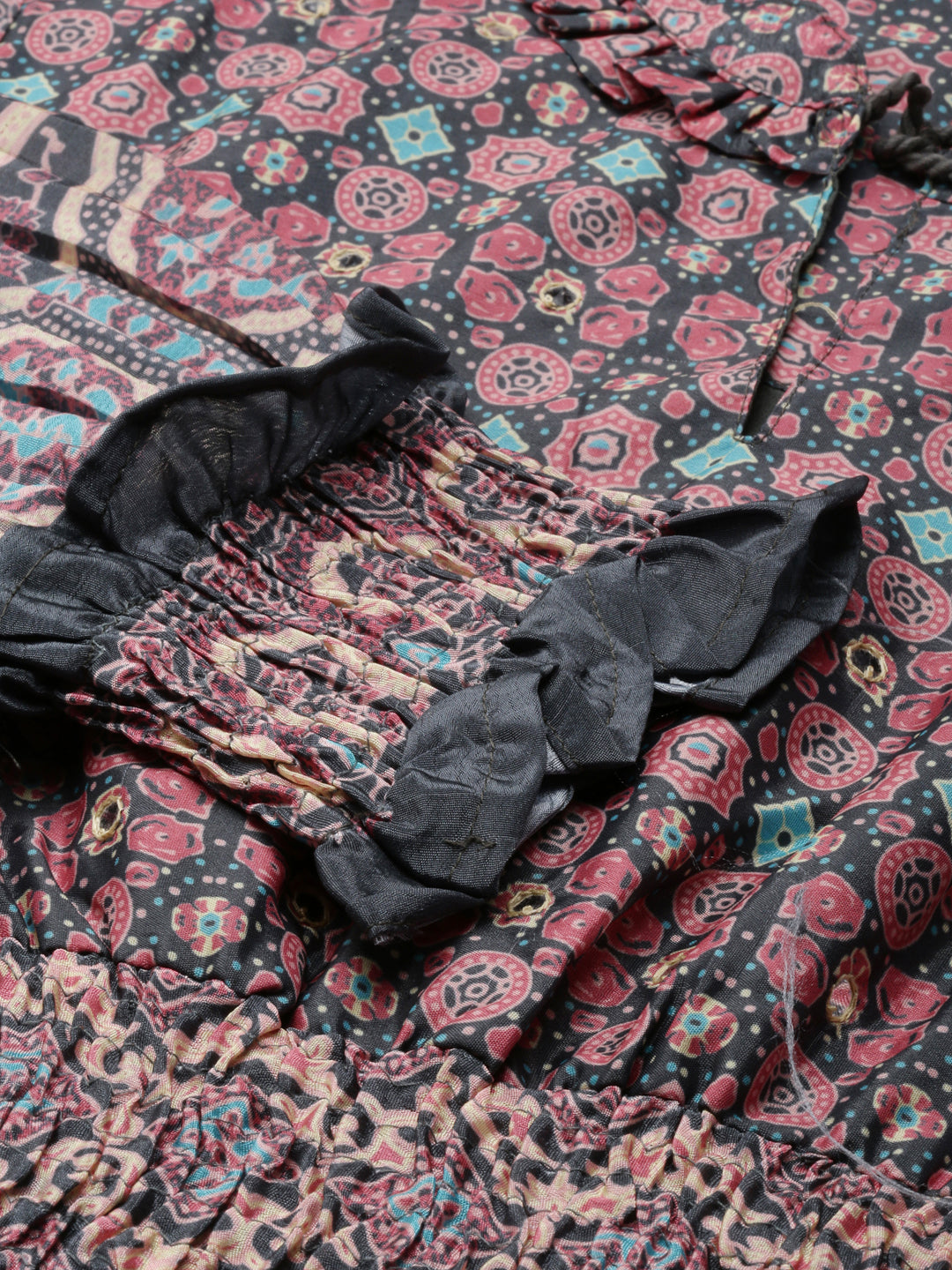 Women's Olive Ethnic Motifs Printed Cuff Sleeve Tie-Up Neck Smocked Fit and Flare Midi Dress