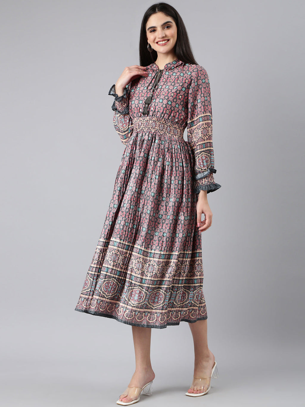 Women's Olive Ethnic Motifs Printed Cuff Sleeve Tie-Up Neck Smocked Fit and Flare Midi Dress