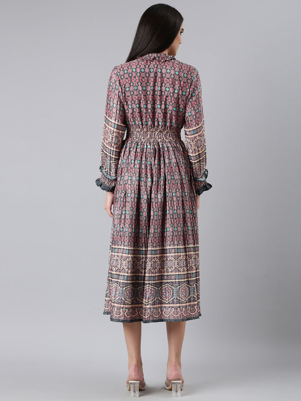 Women's Olive Ethnic Motifs Printed Cuff Sleeve Tie-Up Neck Smocked Fit and Flare Midi Dress