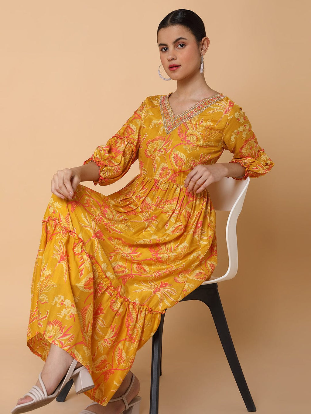 Women's Floral Mustard Anarkali Kurta