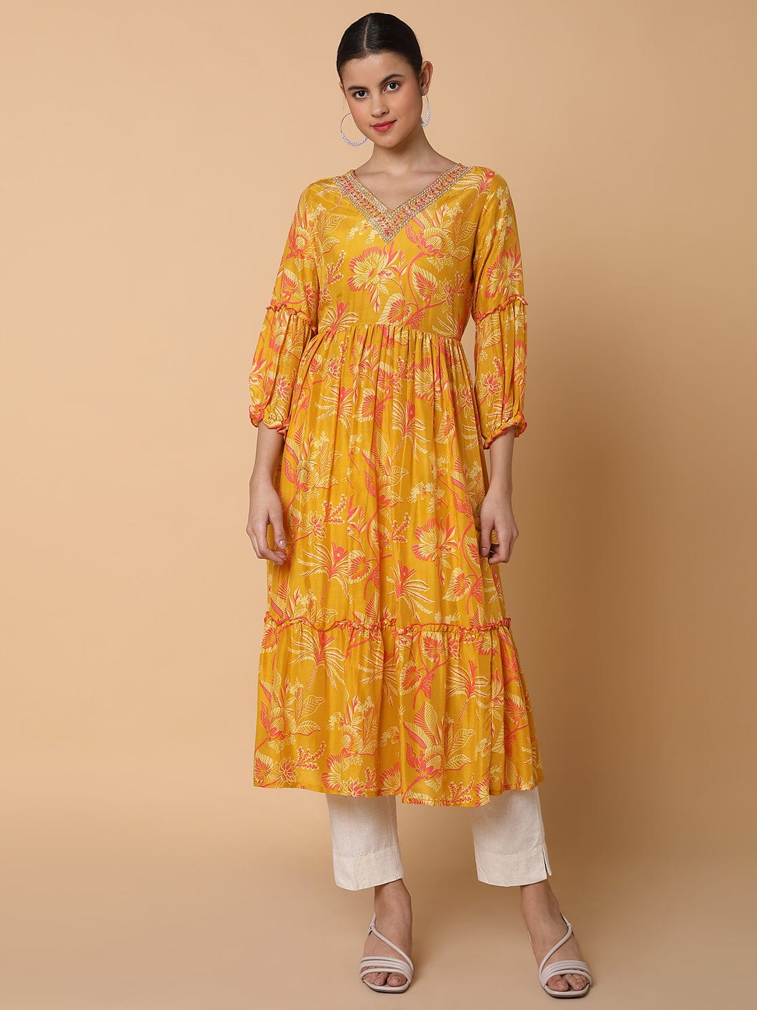 Women's Floral Mustard Anarkali Kurta