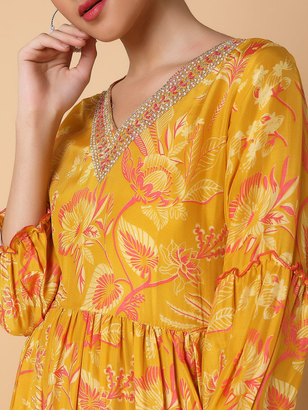 Women's Floral Mustard Anarkali Kurta