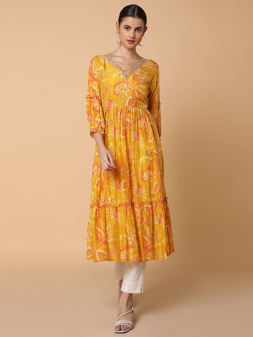 Women's Floral Mustard Anarkali Kurta