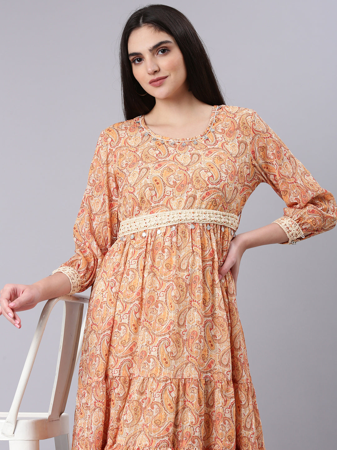 Women's Beige Ethnic Motifs Print Georgette Empire Midi Dress