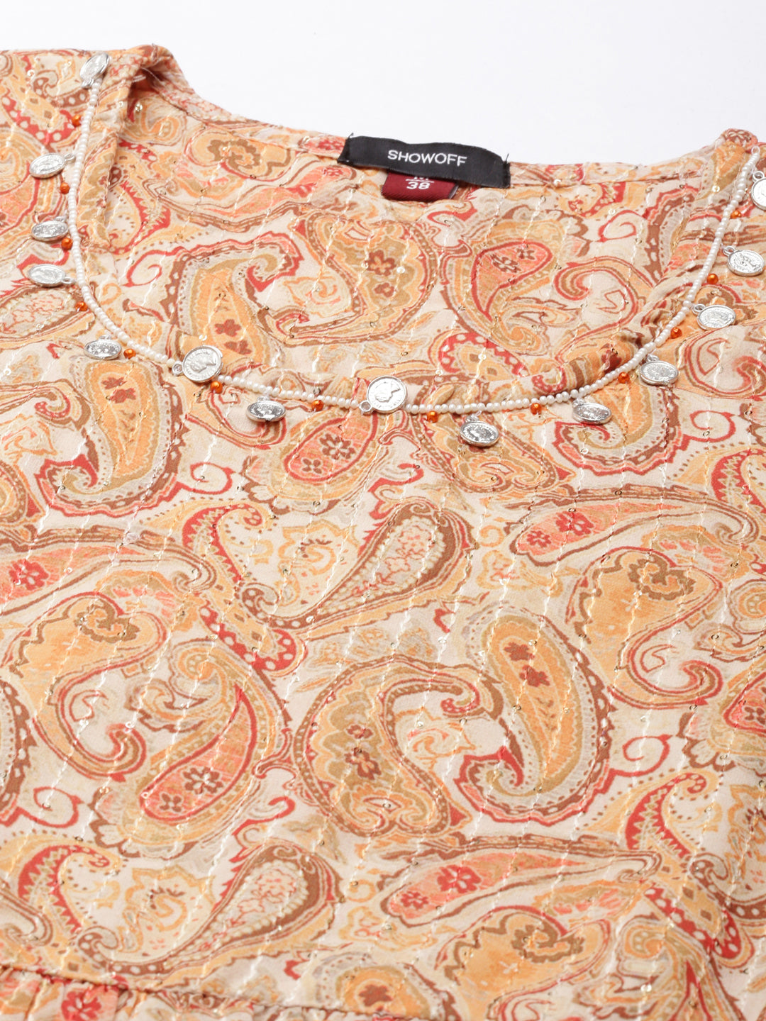 Women's Beige Ethnic Motifs Print Georgette Empire Midi Dress