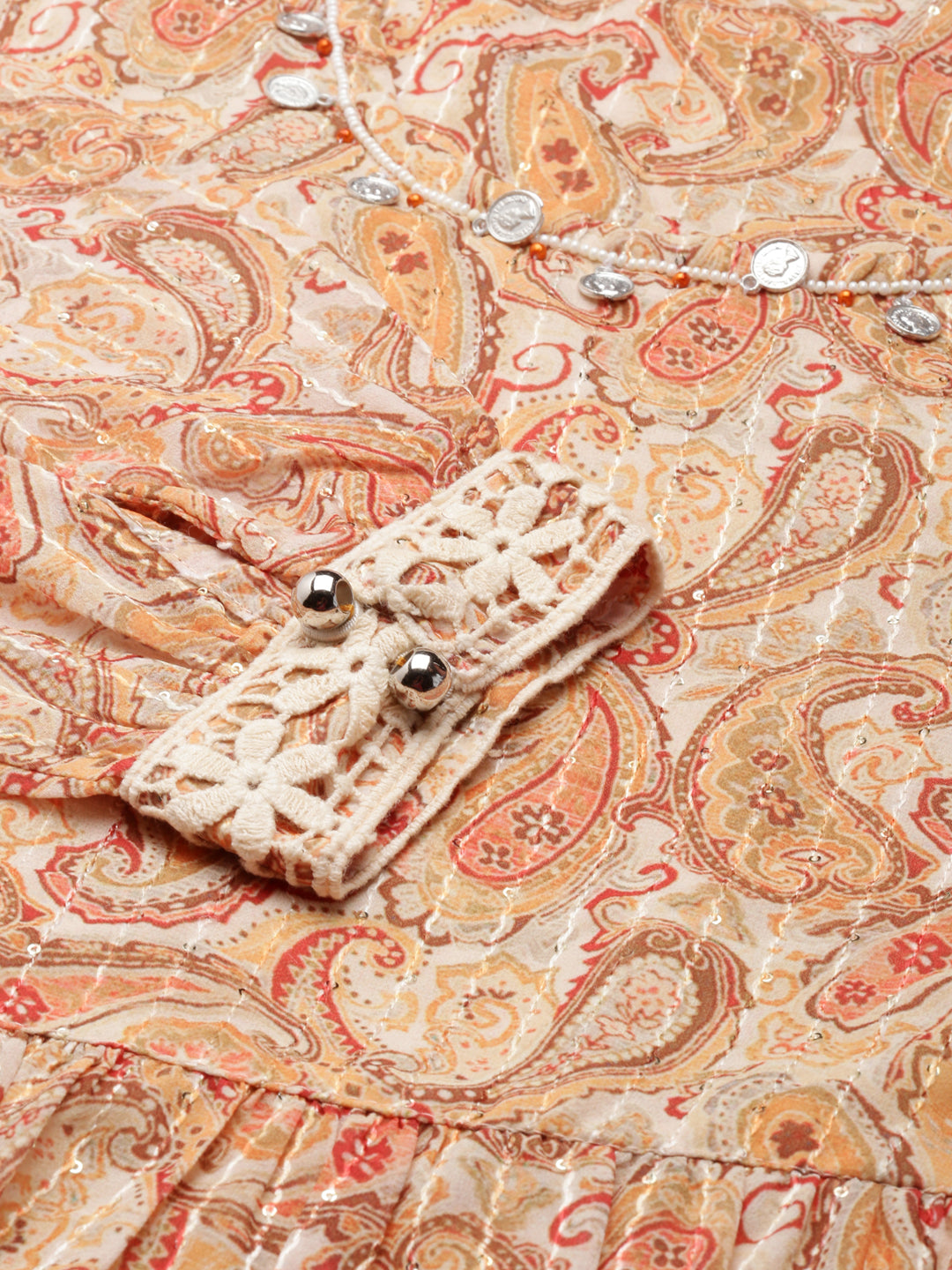 Women's Beige Ethnic Motifs Print Georgette Empire Midi Dress