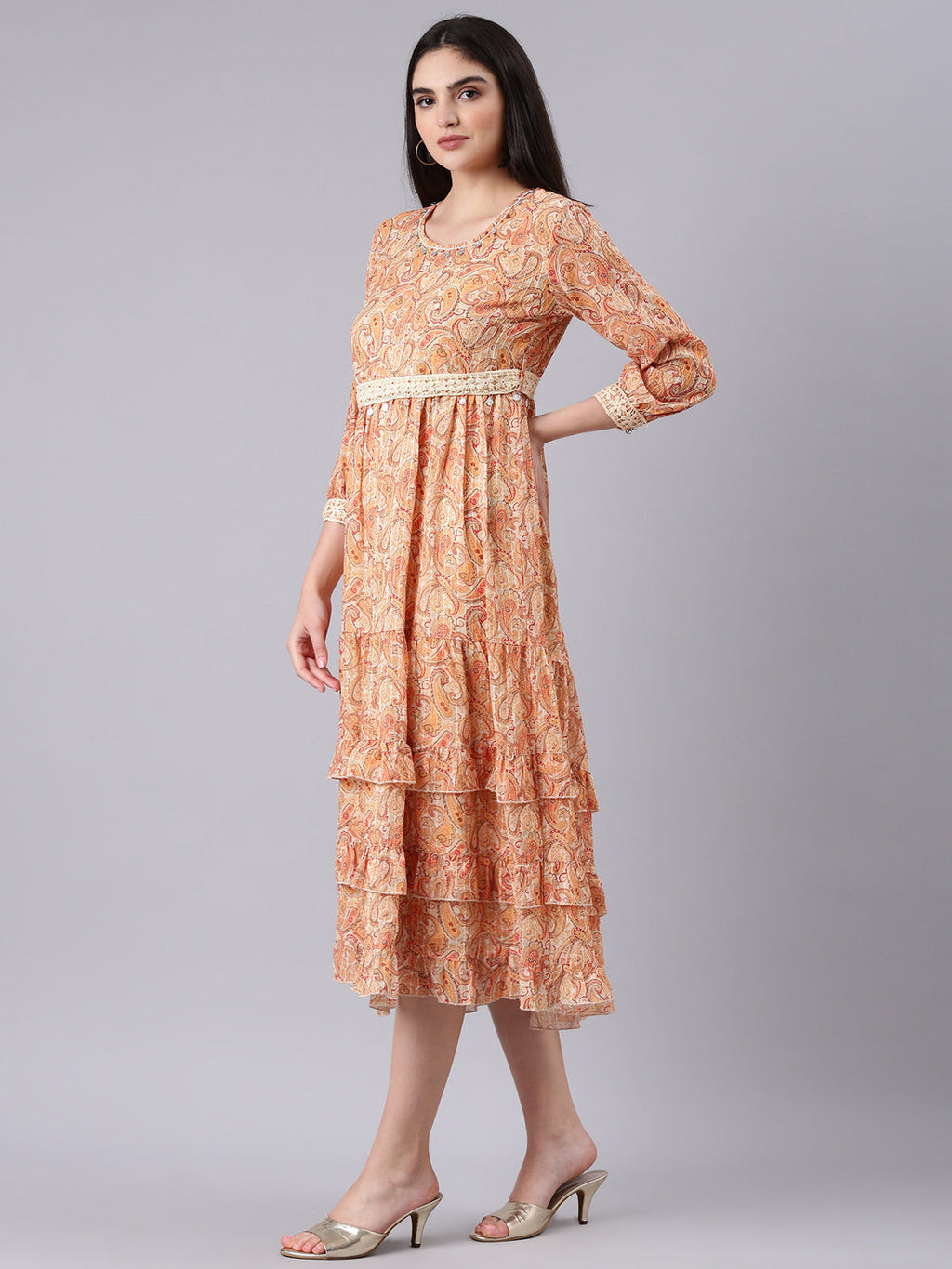 Women's Beige Ethnic Motifs Print Georgette Empire Midi Dress