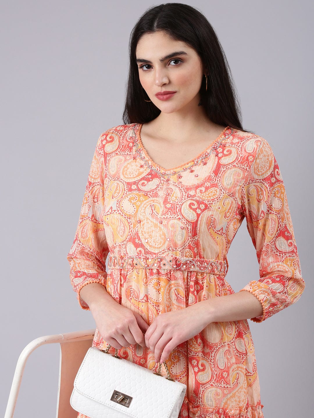Women's V-Neck Embellished Peach Kurta
