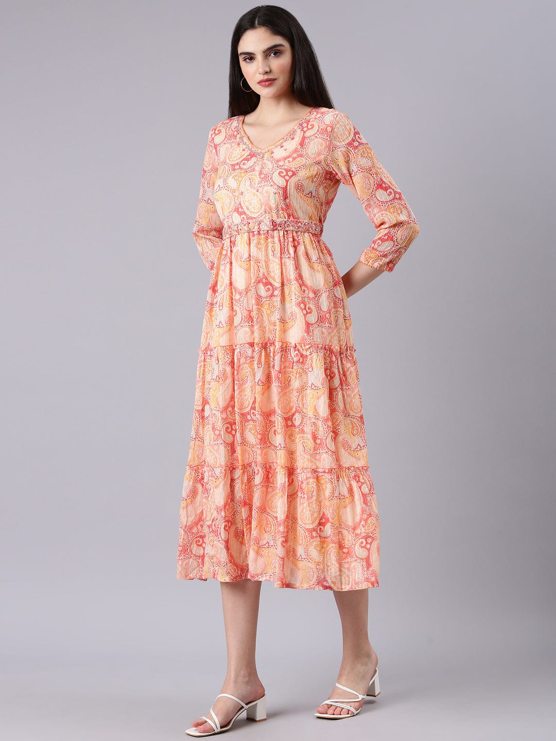 Women's V-Neck Embellished Peach Kurta