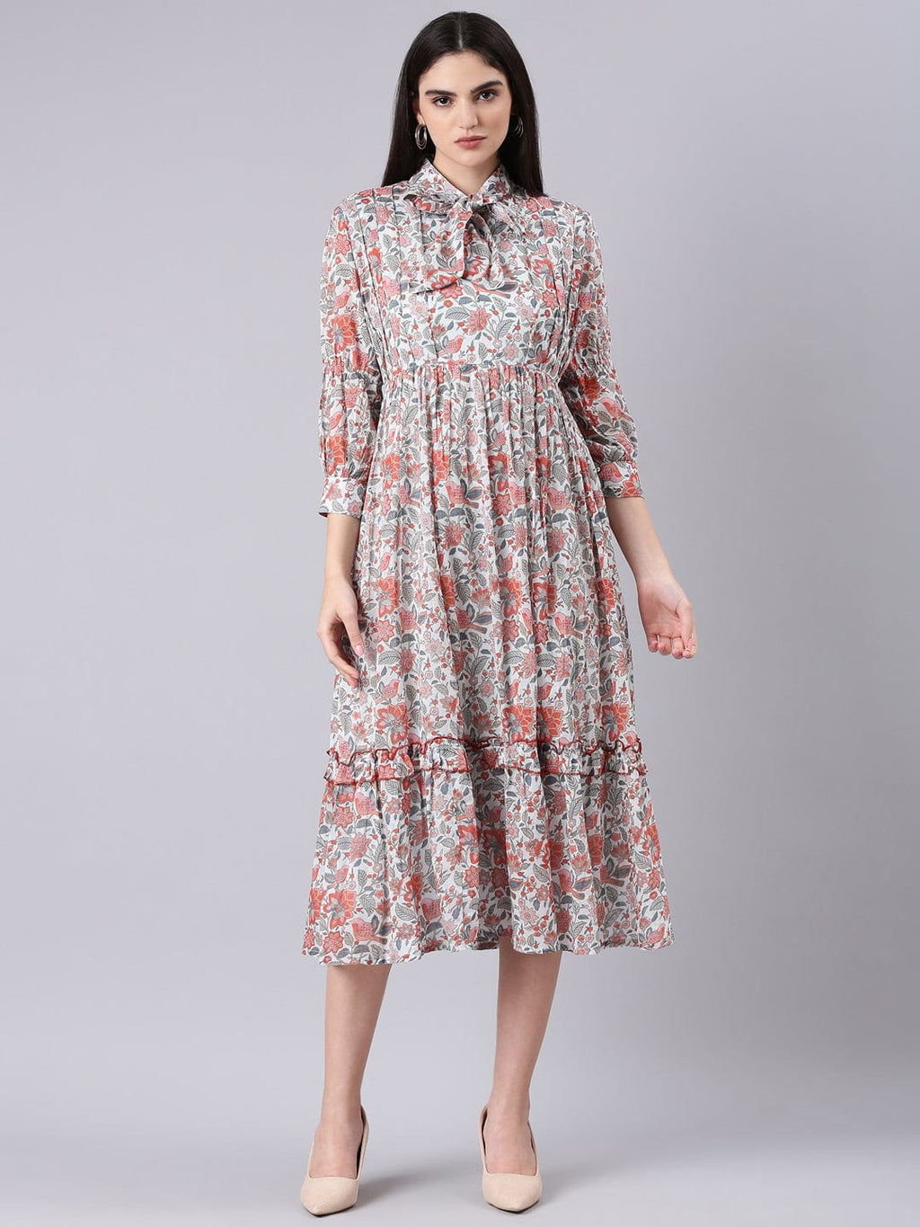 Women's Printed Empire Grey Dress