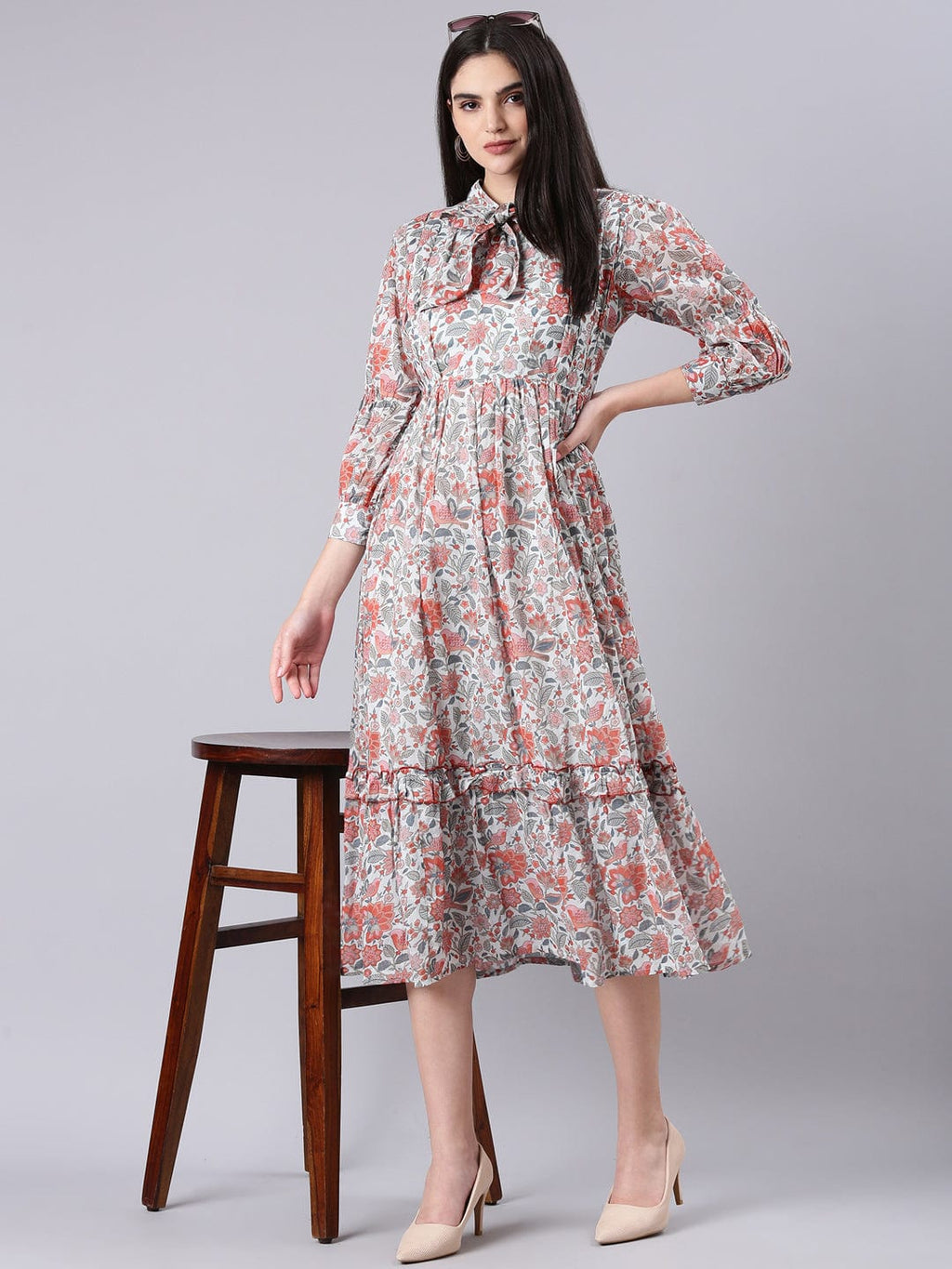 Women's Printed Empire Grey Dress