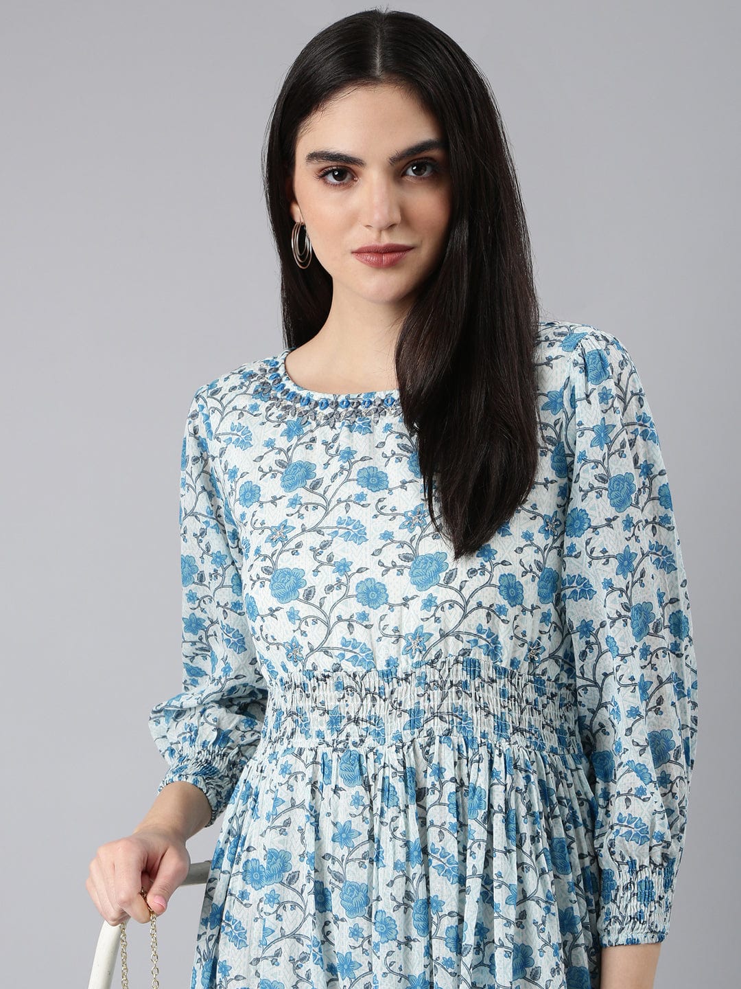 Women's White Floral Print Puff Sleeve A-Line Dress