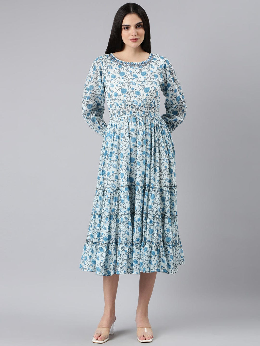 Women's White Floral Print Puff Sleeve A-Line Dress