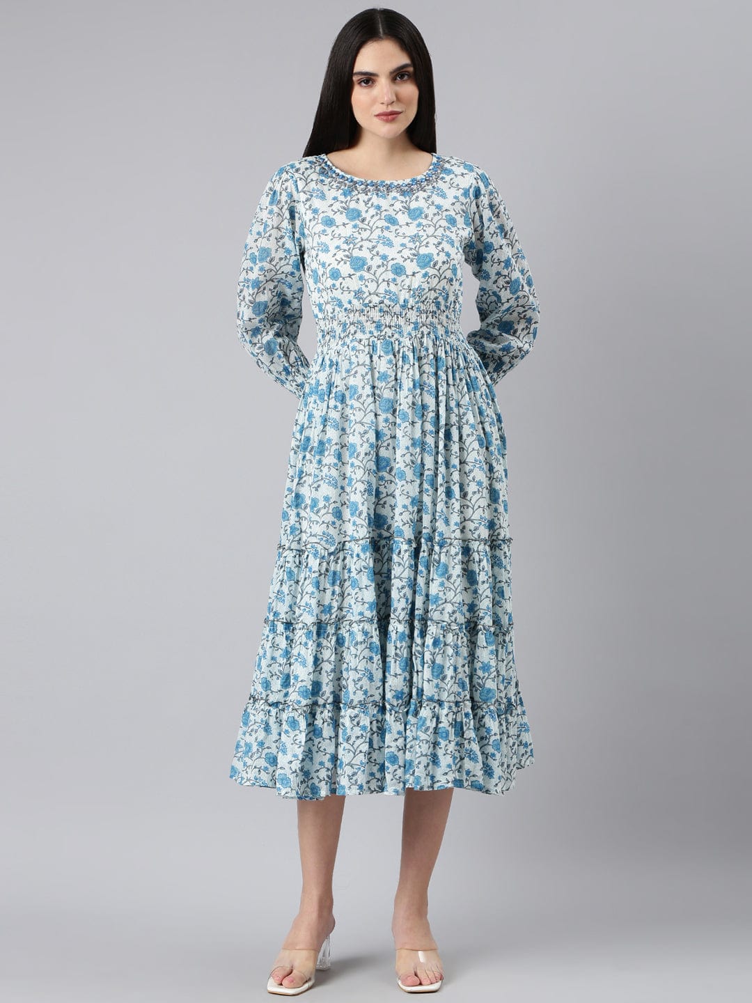 Women's White Floral Print Puff Sleeve A-Line Dress