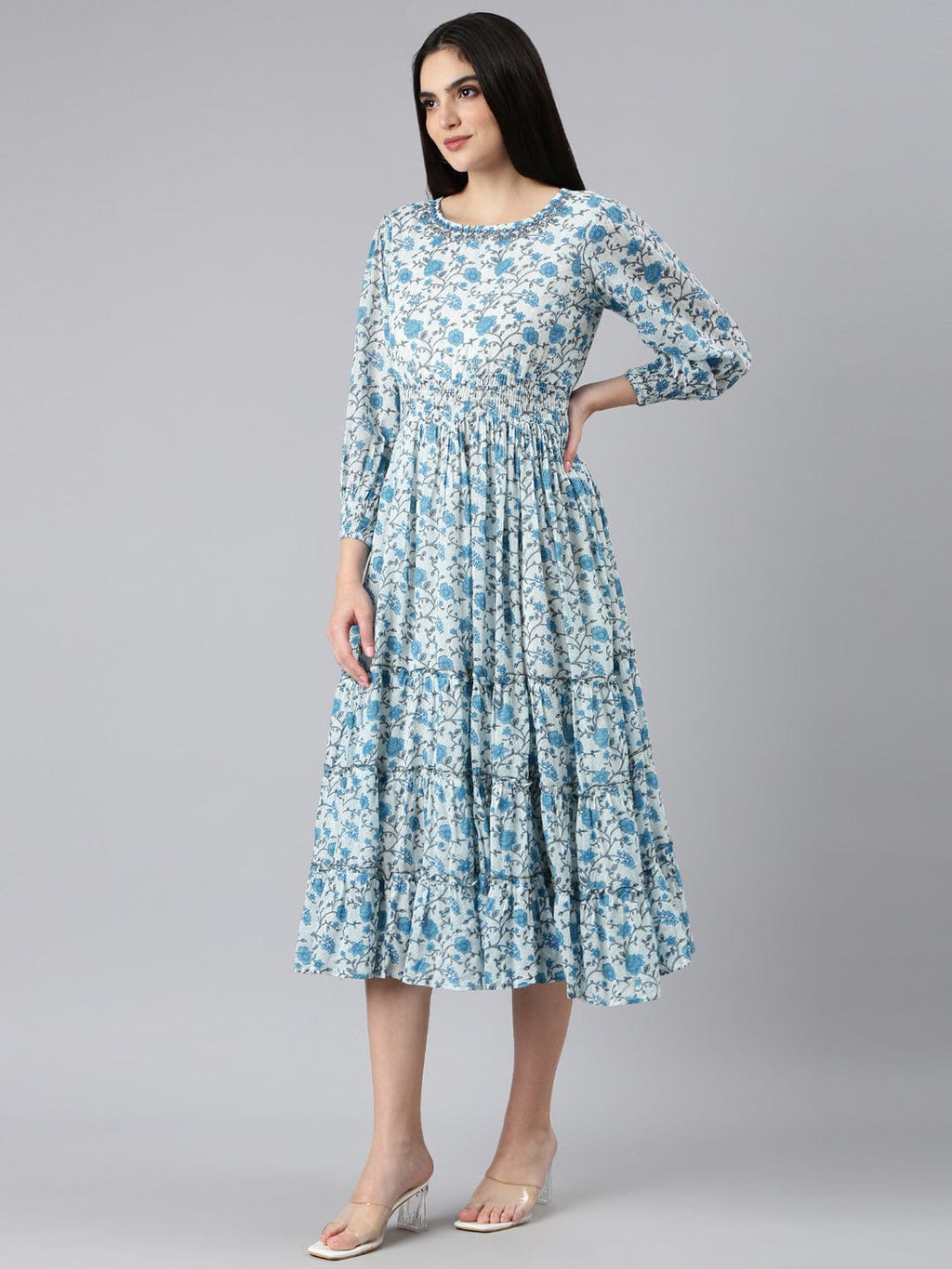 Women's White Floral Print Puff Sleeve A-Line Dress