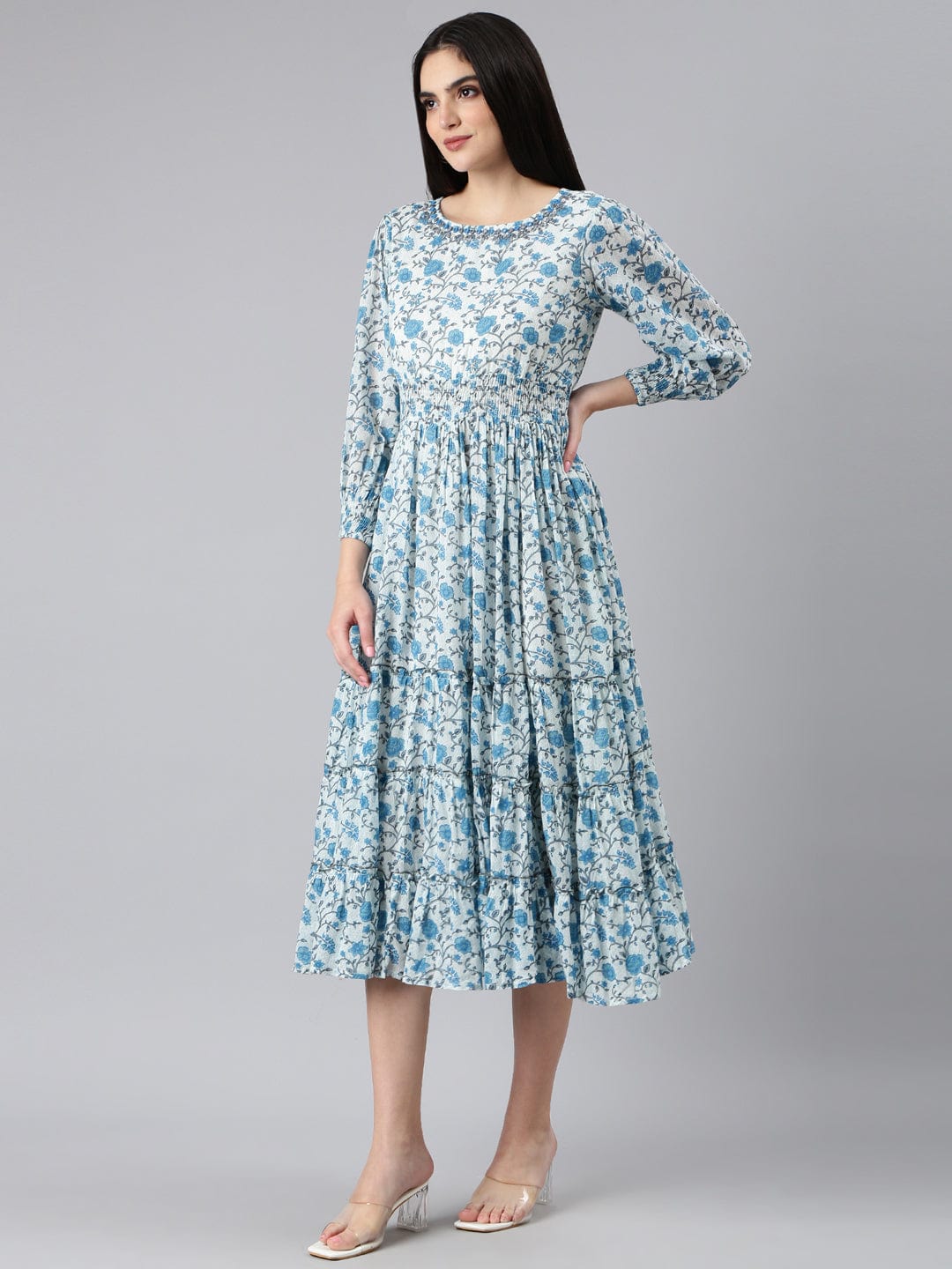 Women's White Floral Print Puff Sleeve A-Line Dress