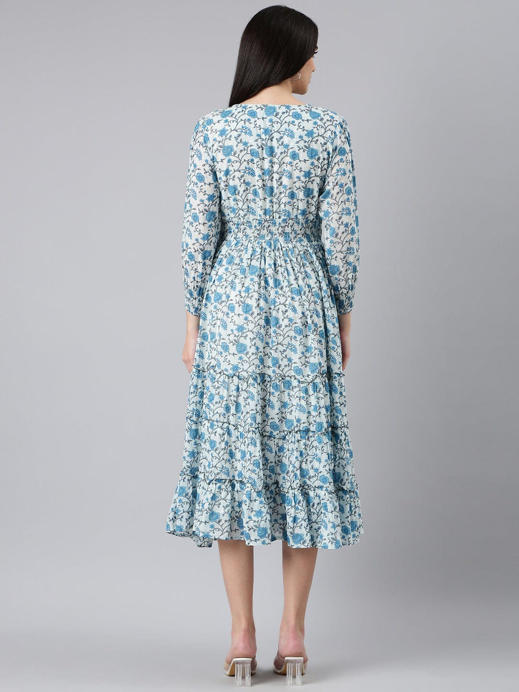 Women's White Floral Print Puff Sleeve A-Line Dress