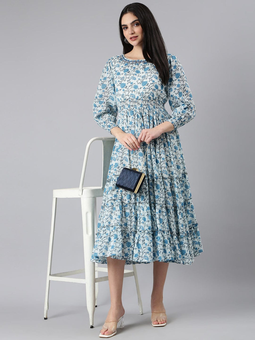 Women's White Floral Print Puff Sleeve A-Line Dress