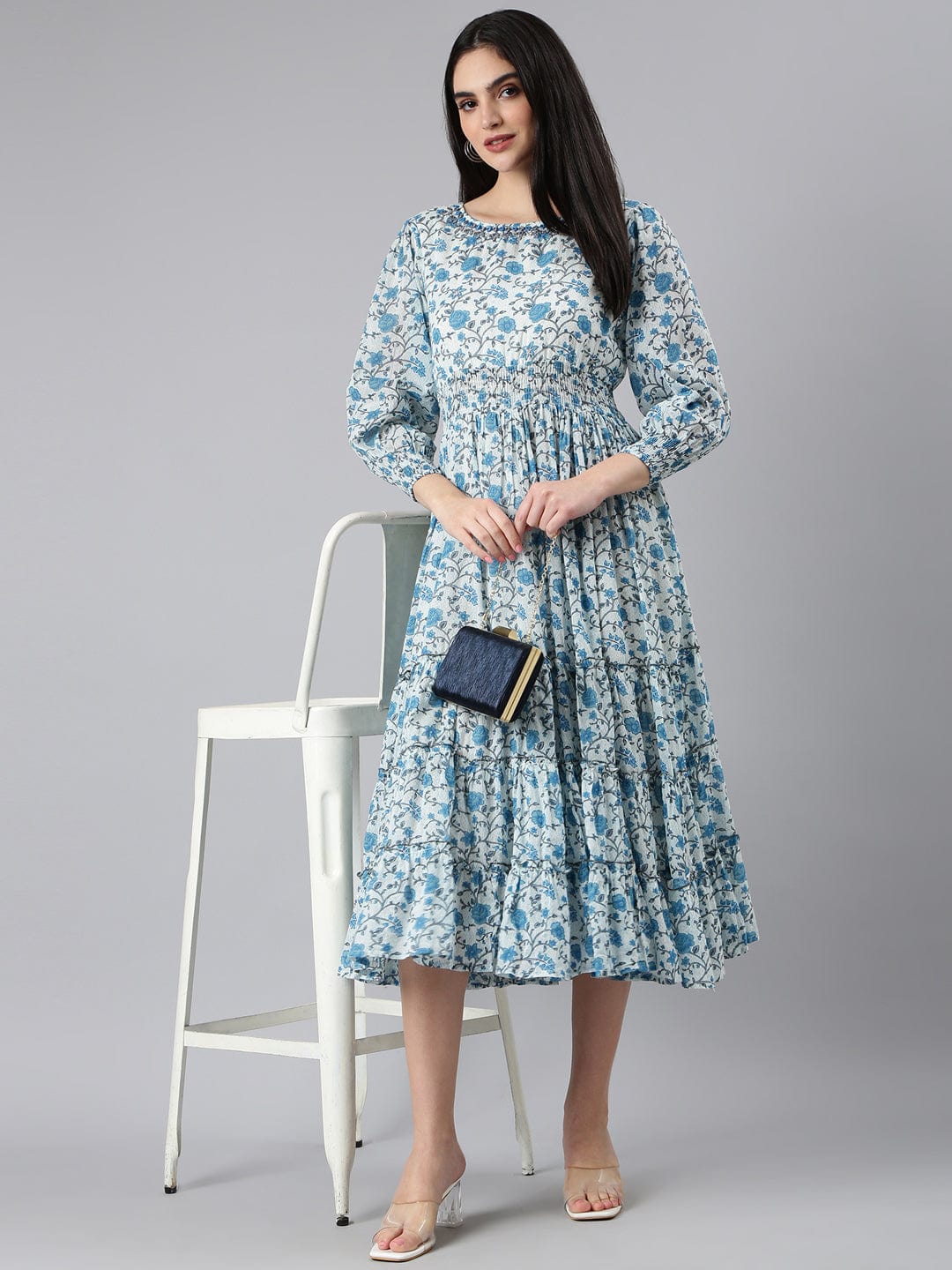 Women's White Floral Print Puff Sleeve A-Line Dress