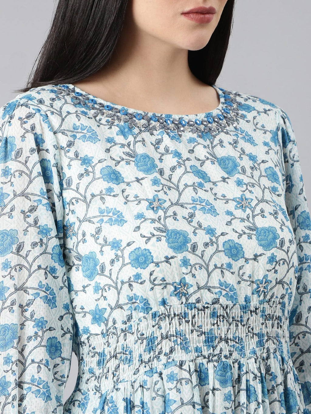 Women's White Floral Print Puff Sleeve A-Line Dress