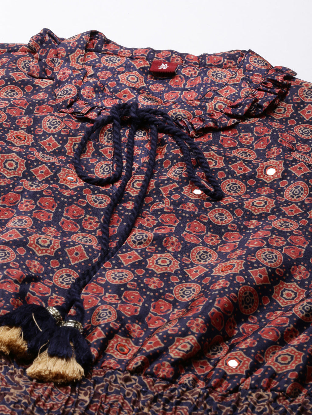 Women's Navy Blue Geometric Printed Tie-Up Neck Fit & Flare Midi Dress