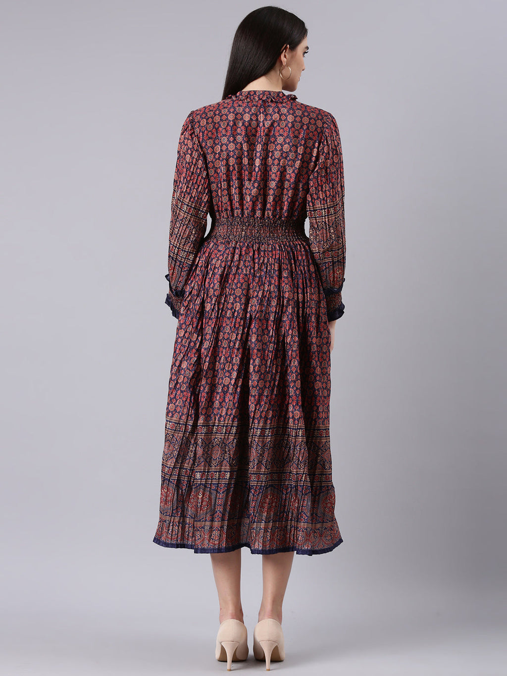 Women's Navy Blue Geometric Printed Tie-Up Neck Fit & Flare Midi Dress