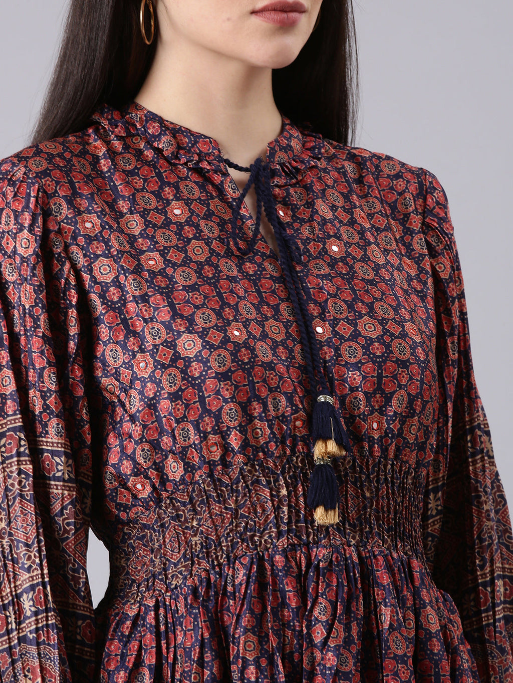 Women's Navy Blue Geometric Printed Tie-Up Neck Fit & Flare Midi Dress