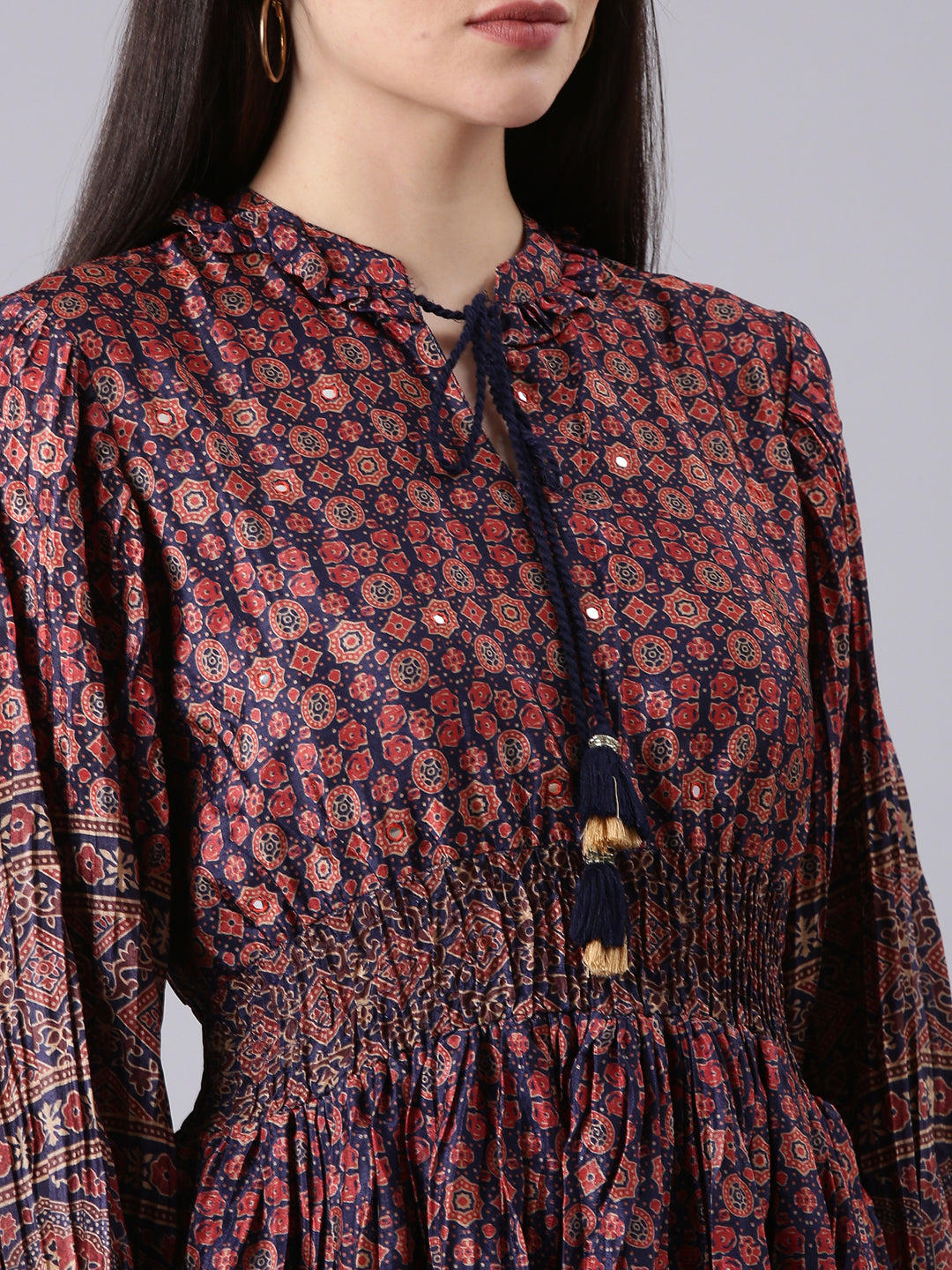 Women's Navy Blue Geometric Printed Tie-Up Neck Fit & Flare Midi Dress