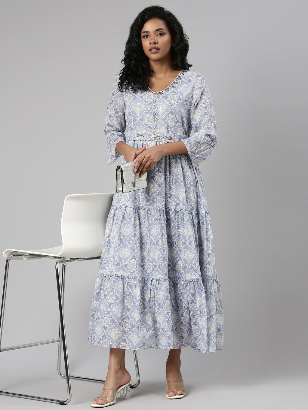 Women's Grey Ethnic Motifs Print Cotton Empire Kurta