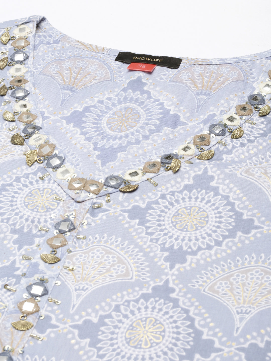 Women's Grey Ethnic Motifs Print Cotton Empire Kurta