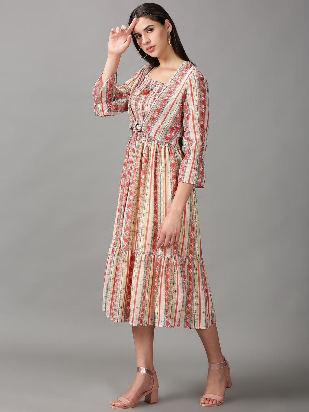 Women's Multi Geometric Layered Chiffon Fit & Flare Dress