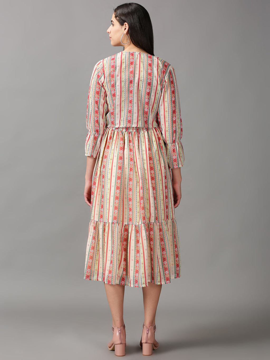 Women's Multi Geometric Layered Chiffon Fit & Flare Dress