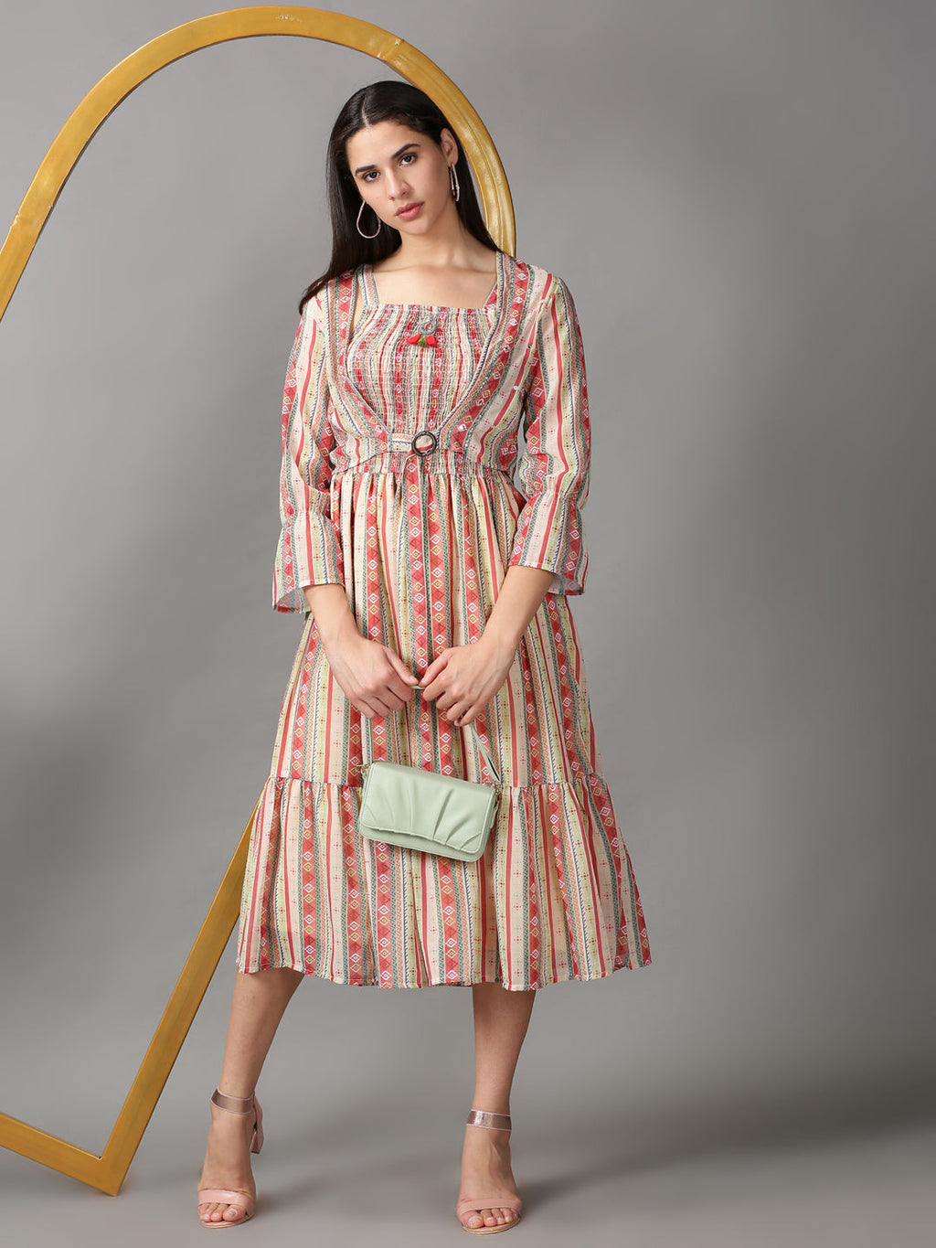 Women's Multi Geometric Layered Chiffon Fit & Flare Dress