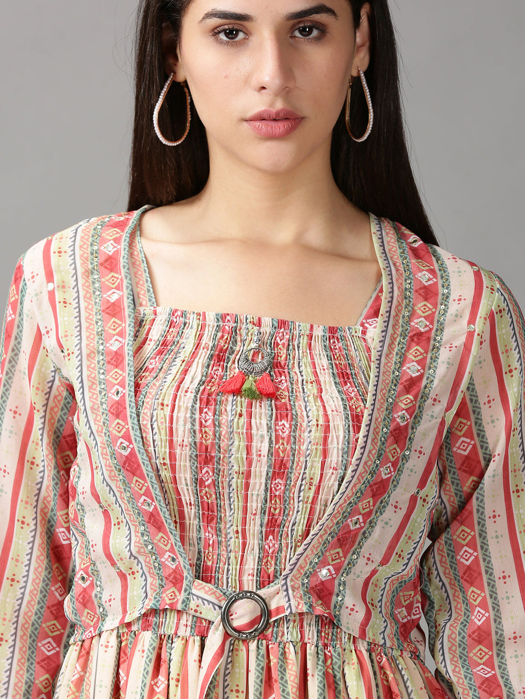 Women's Multi Geometric Layered Chiffon Fit & Flare Dress