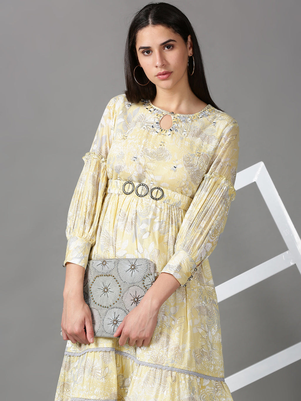 Women's Yellow Floral Keyhole Neck Cotton Fit & Flare Dress