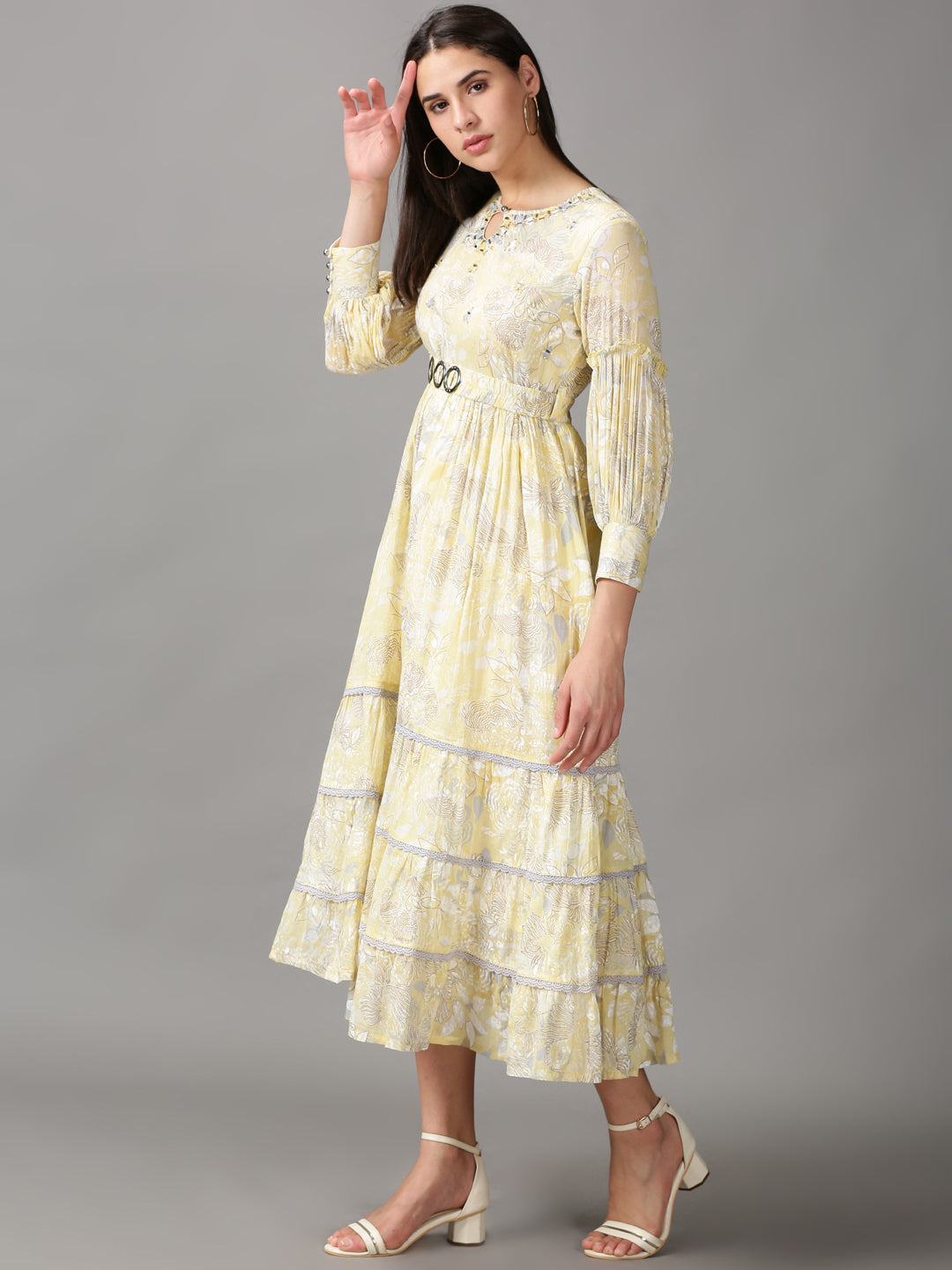 Women's Yellow Floral Keyhole Neck Cotton Fit & Flare Dress