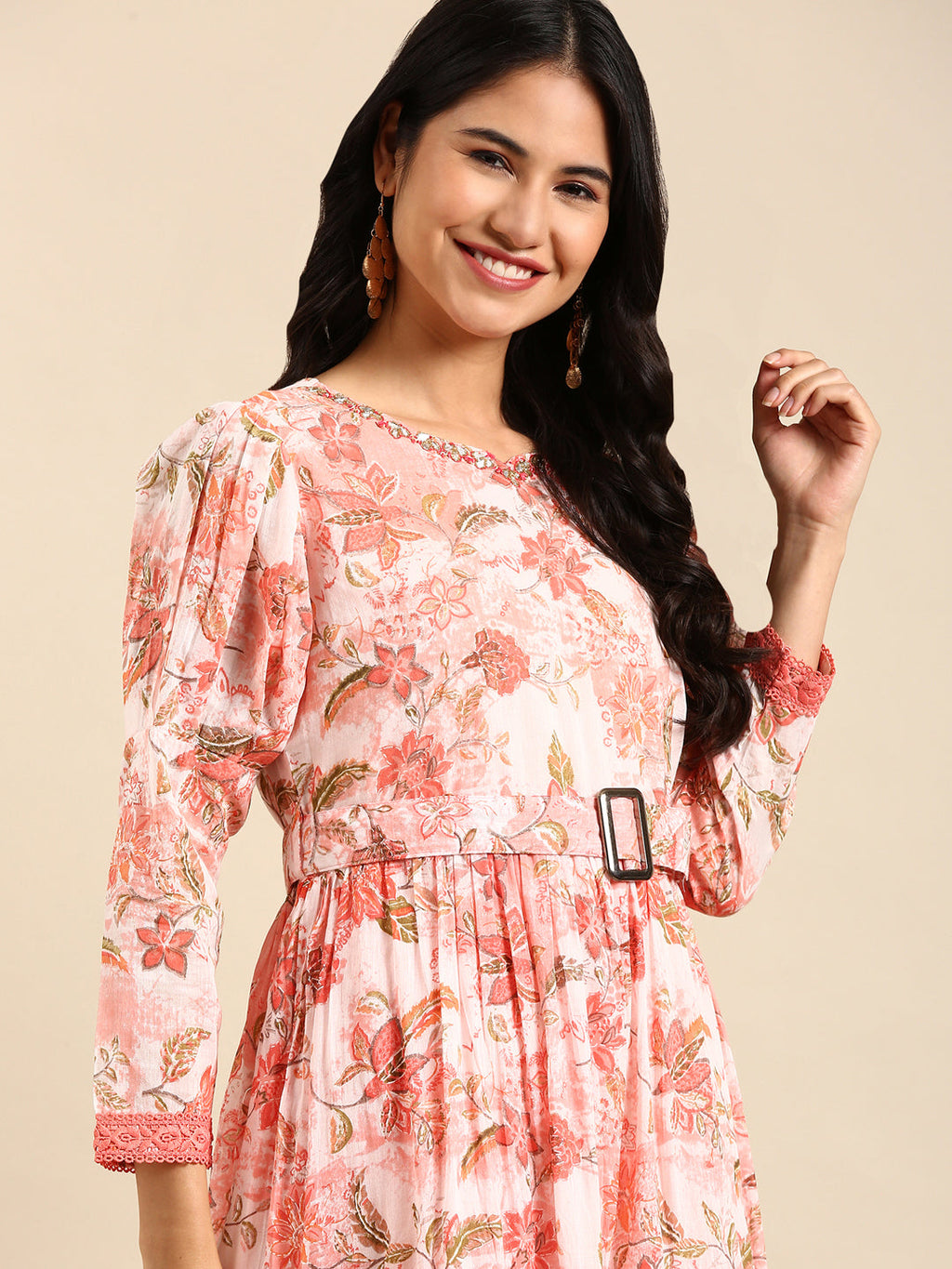 Women's Peach Floral Printed Belted Detail Anarkali Kurta