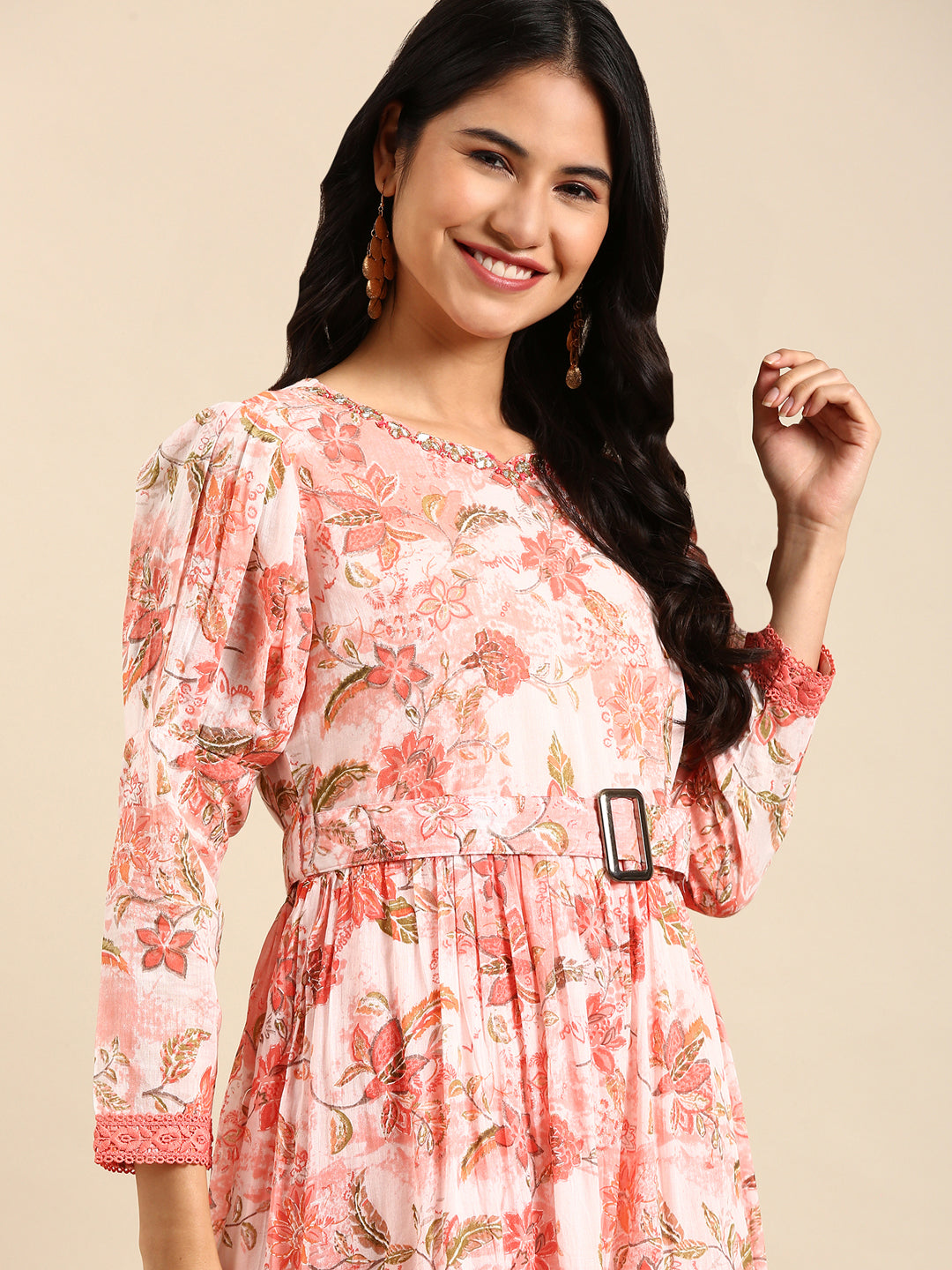 Women's Peach Floral Printed Belted Detail Anarkali Kurta