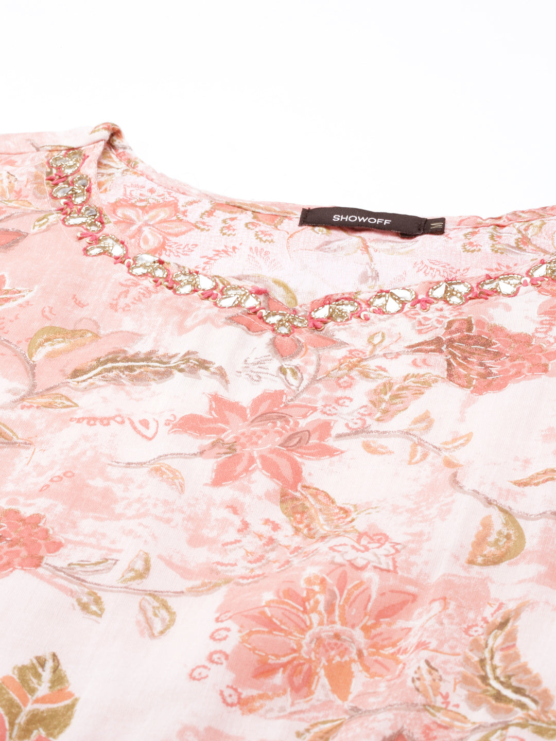 Women's Peach Floral Printed Belted Detail Anarkali Kurta