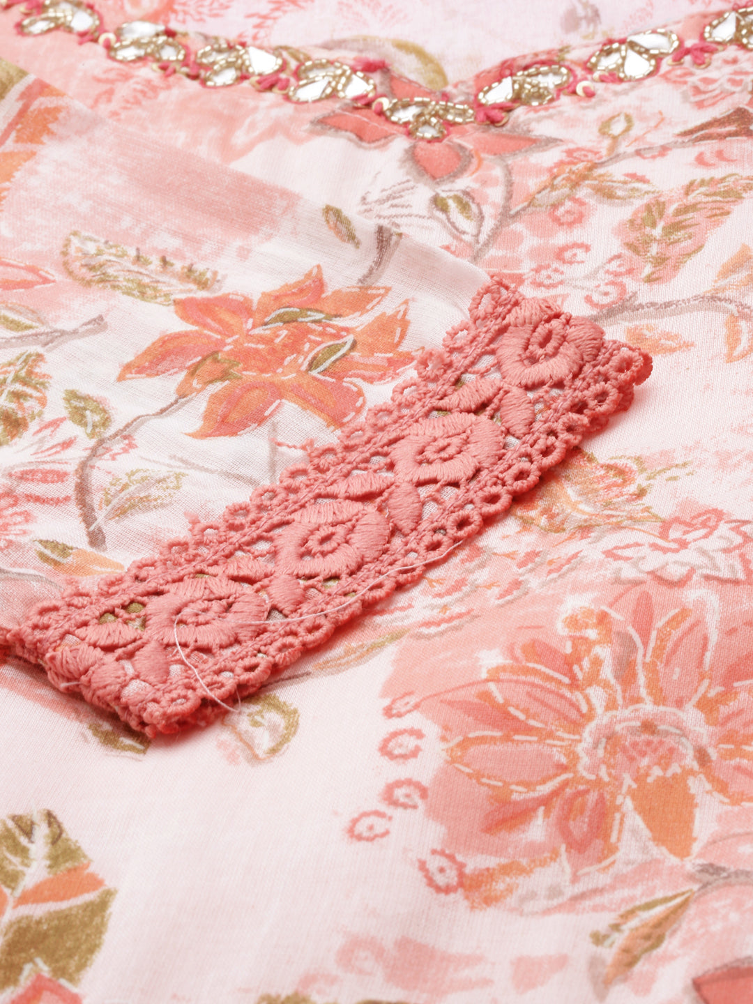 Women's Peach Floral Printed Belted Detail Anarkali Kurta