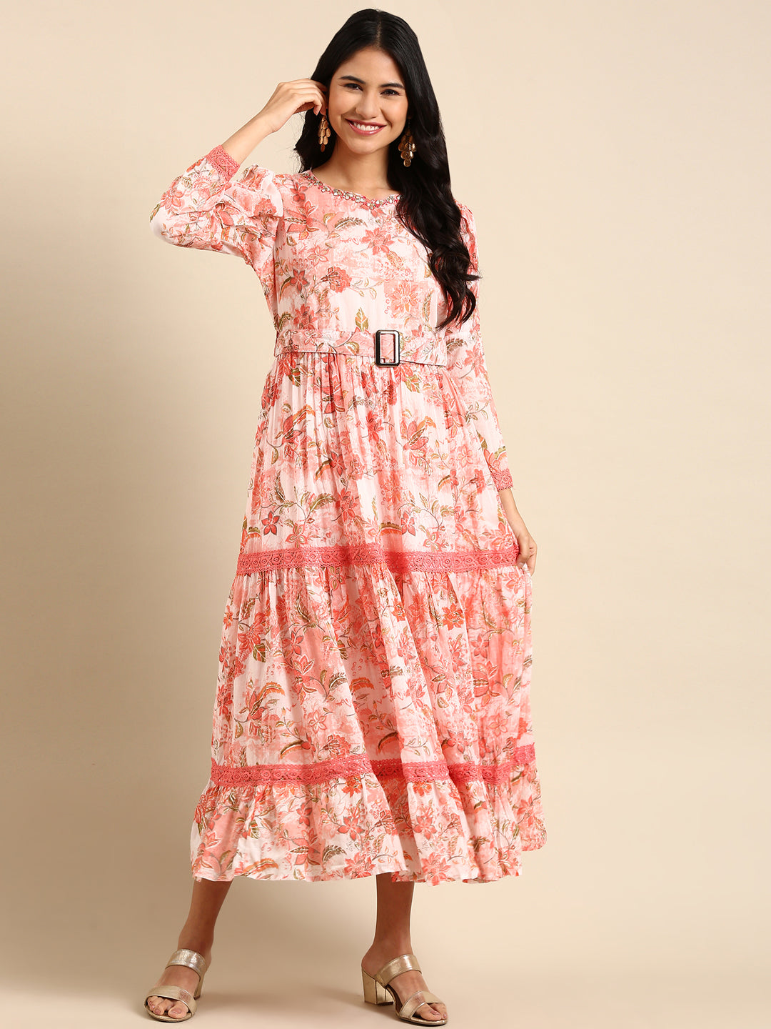 Women's Peach Floral Printed Belted Detail Anarkali Kurta