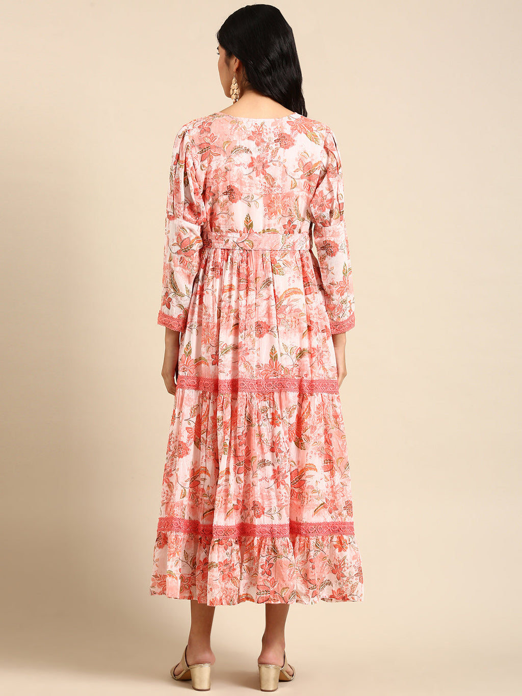 Women's Peach Floral Printed Belted Detail Anarkali Kurta