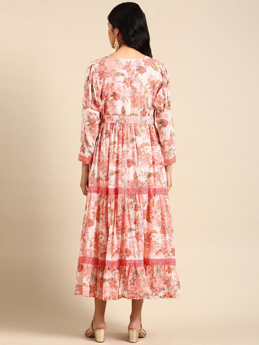 Women's Peach Floral Printed Belted Detail Anarkali Kurta