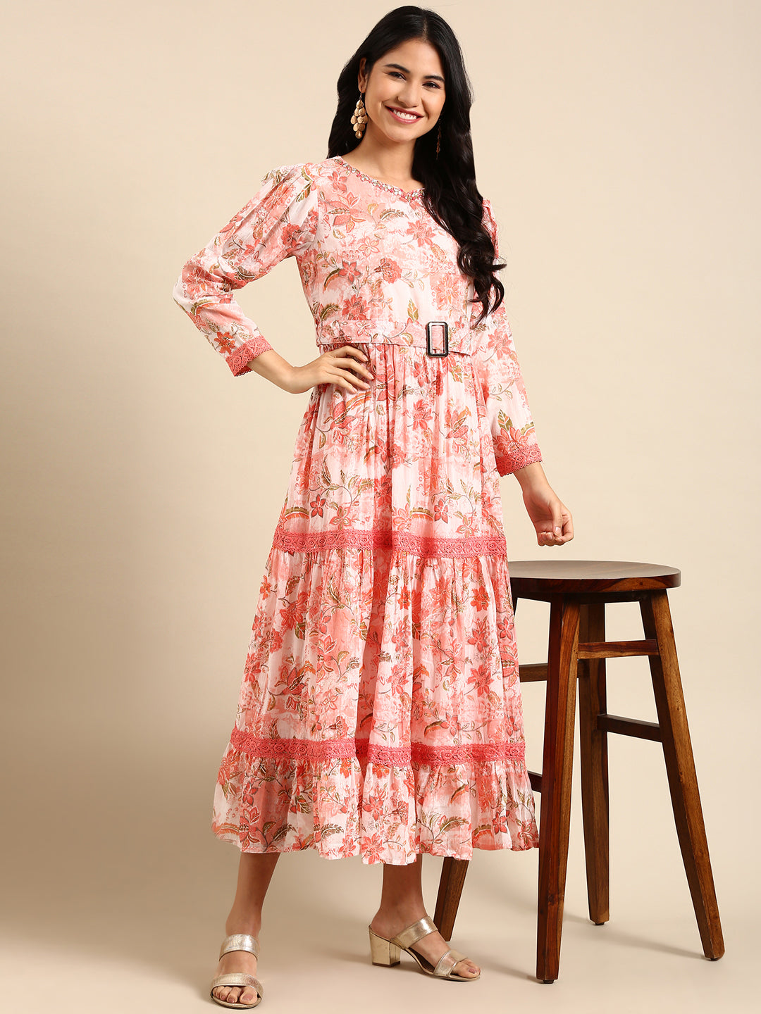Women's Peach Floral Printed Belted Detail Anarkali Kurta
