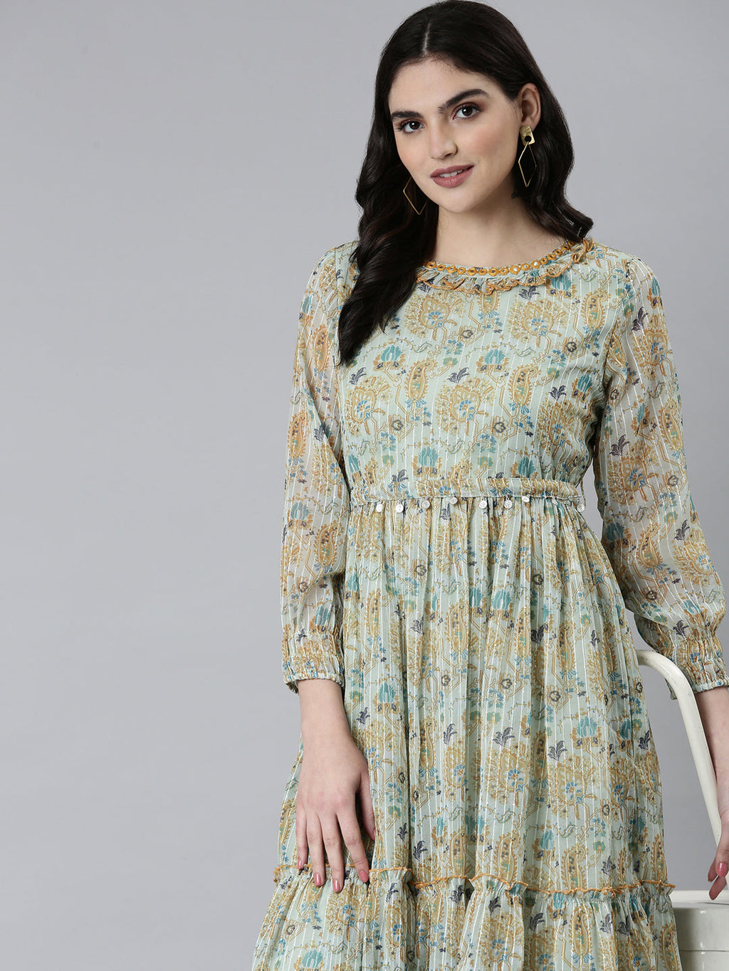 Women's Sea Green Ethnic Motifs Printed Fit & Flare Midi Dress