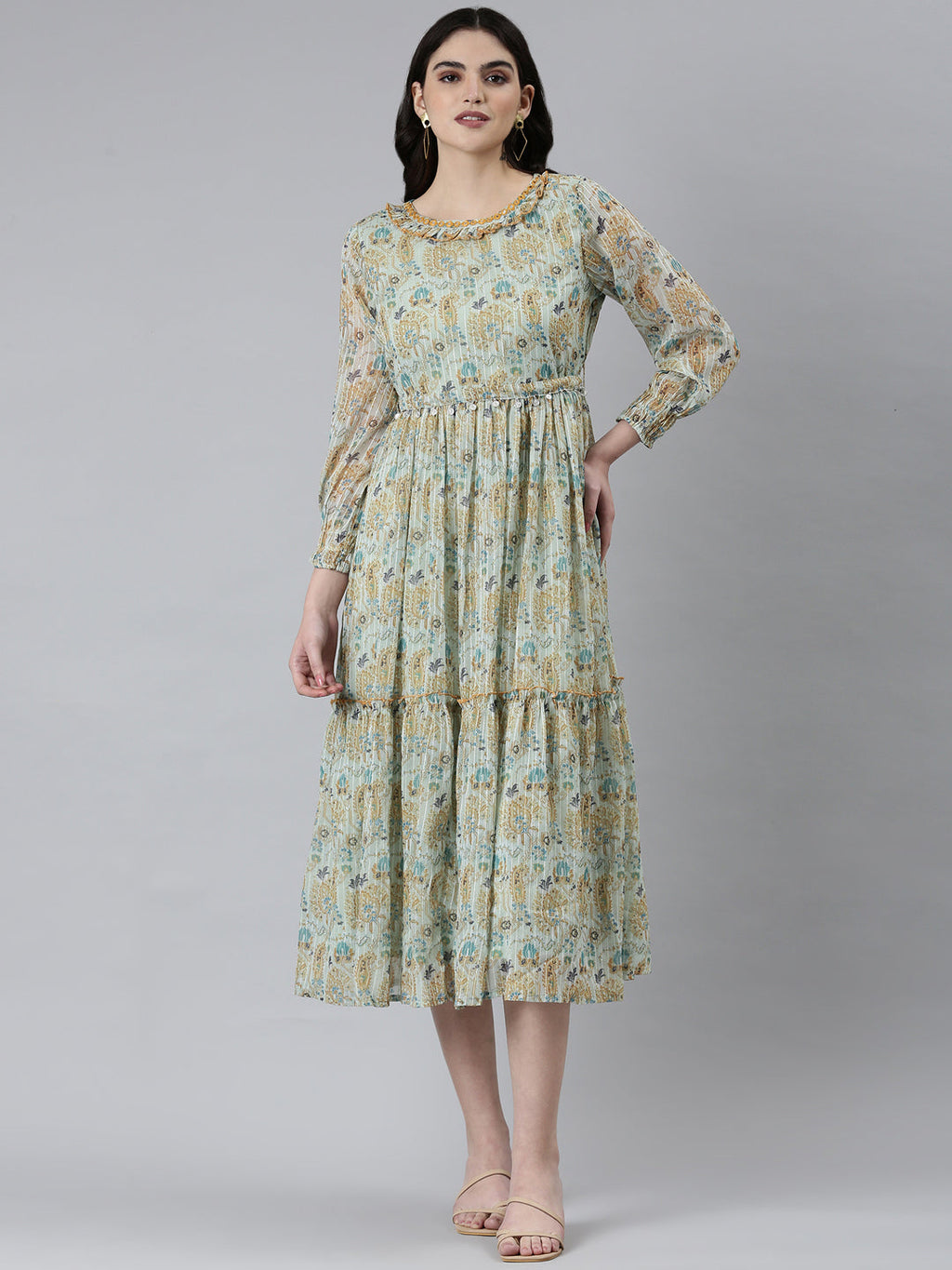 Women's Sea Green Ethnic Motifs Printed Fit & Flare Midi Dress