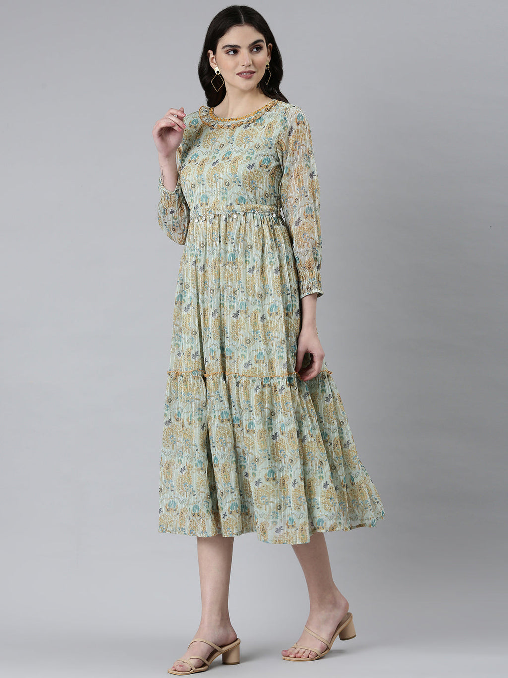Women's Sea Green Ethnic Motifs Printed Fit & Flare Midi Dress