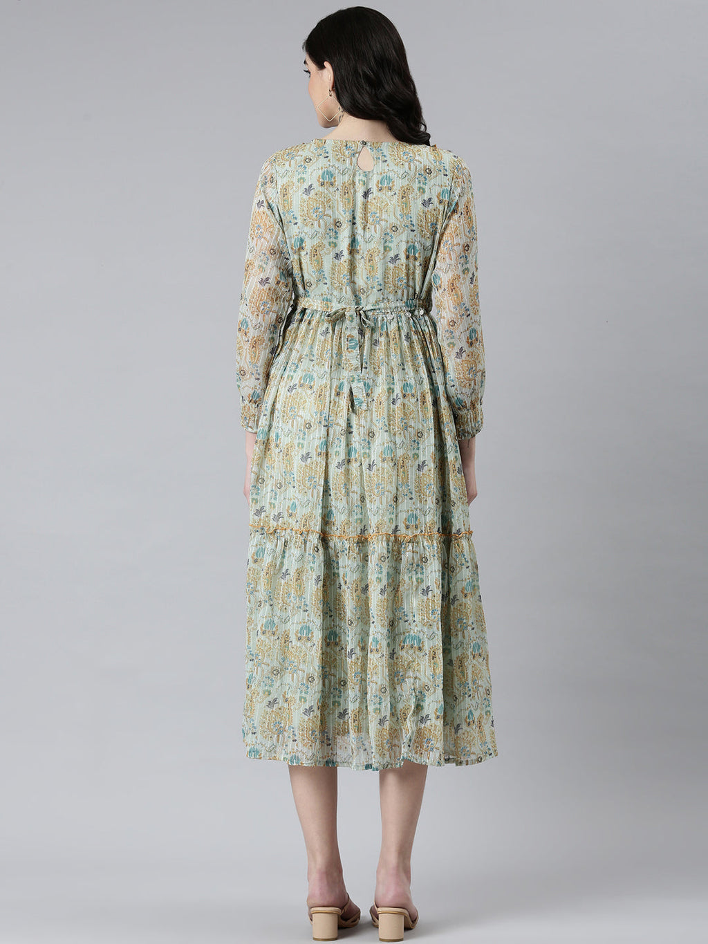 Women's Sea Green Ethnic Motifs Printed Fit & Flare Midi Dress