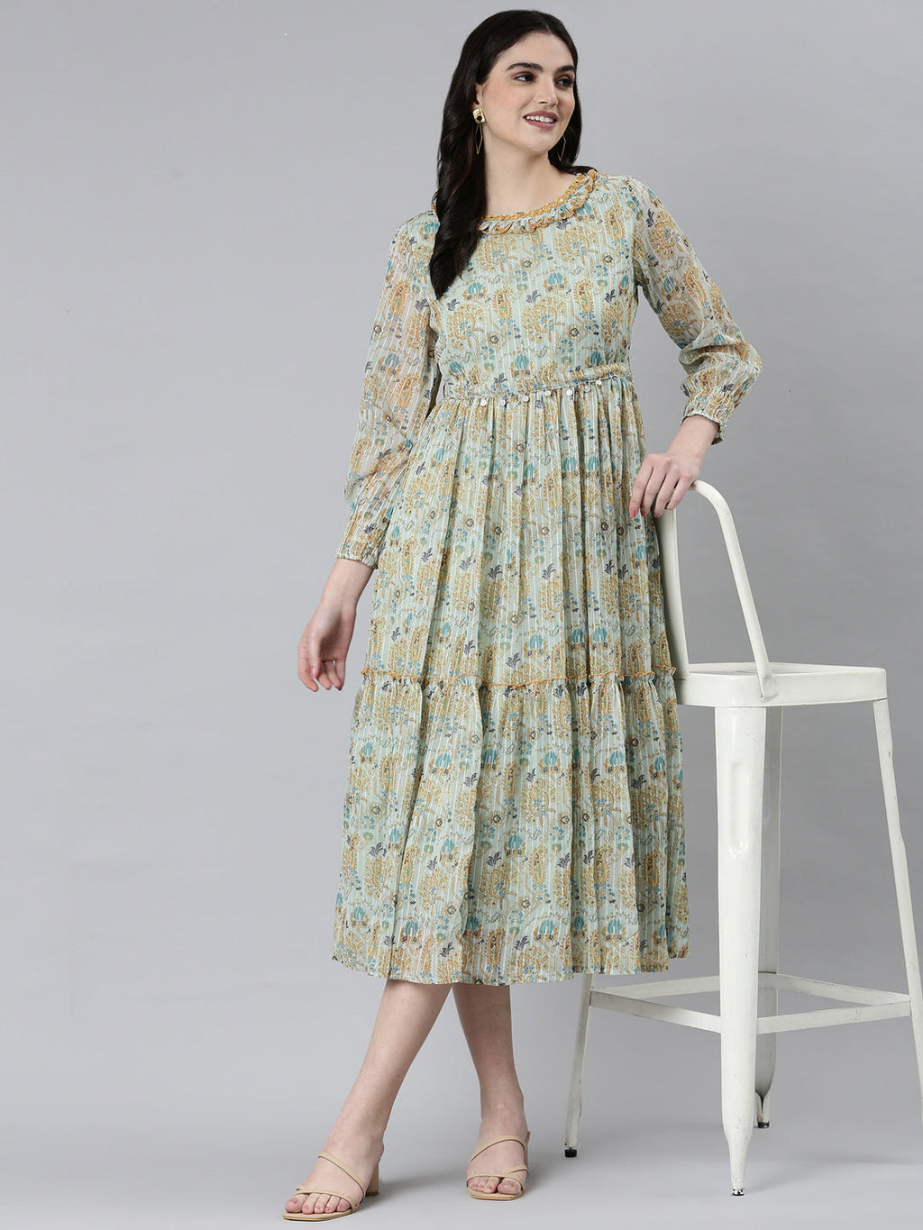 Women's Sea Green Ethnic Motifs Printed Fit & Flare Midi Dress