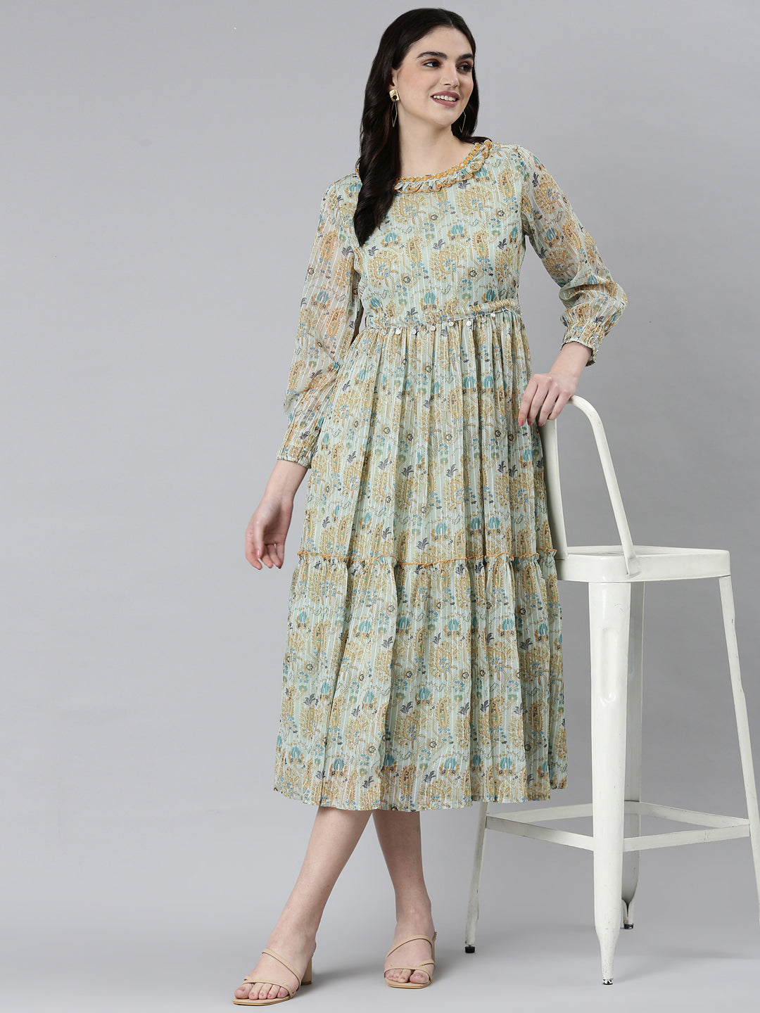 Women's Sea Green Ethnic Motifs Printed Fit & Flare Midi Dress